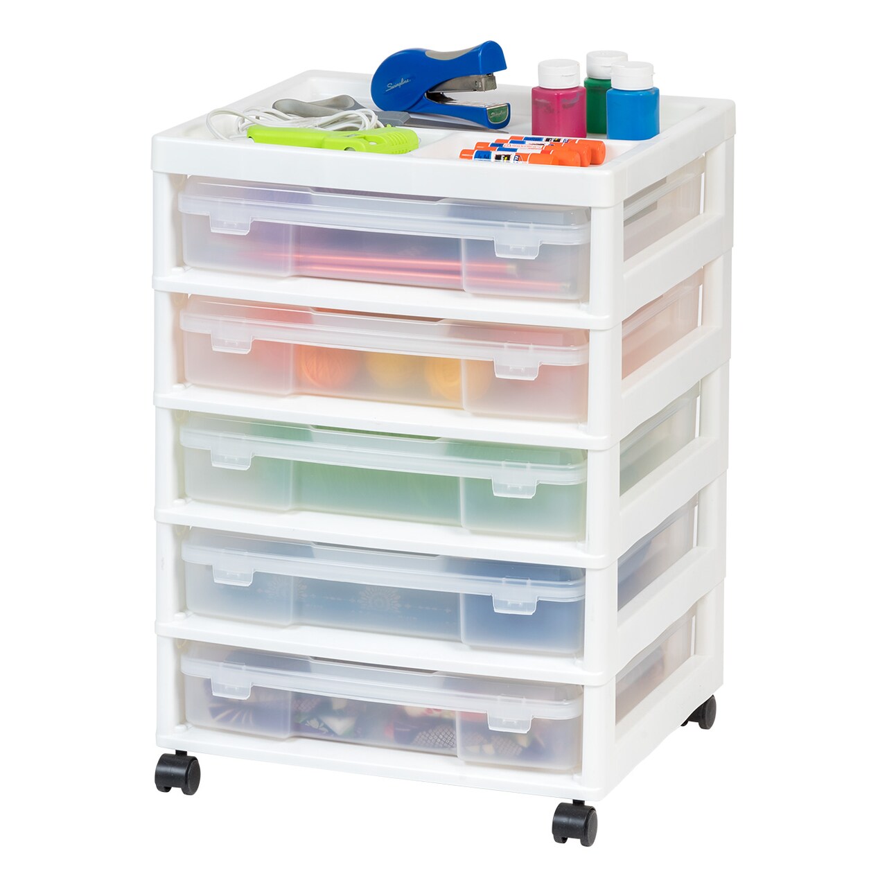 IRIS USA 5 Drawers 12” x 12” Scrapbook Plastic Rolling Storage Cart with Organizer Top with Casters, Black/White